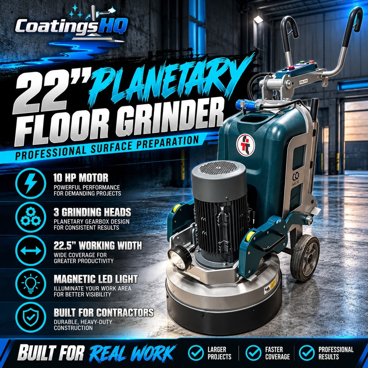 22” Planetary Concrete Floor Grinder | 10 HP | 220V | 3-Head Professional Surface Preparation Machine
